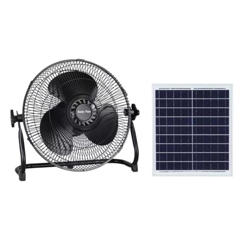 12 Inch Floor Fan with Battery, Solar Panel 15W & AC Charging 3 Speed High Velocity Fan, Long Battery Life, for Bedroom, Office, Workshops & Outdoor, with LED Light, 180°rotation - Black