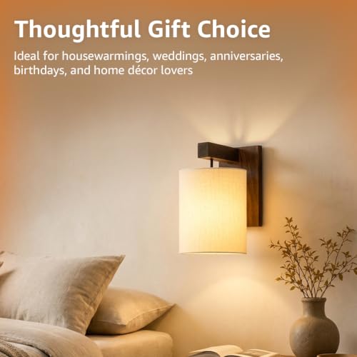 Image of Amazon Basics Deewar Sunset Wall Lamp | Wooden Bracket with Cream Fabric Shade | E14 Holder | Decorative Wall Light for Bedroom, Living Room, Hallway & Home Decor