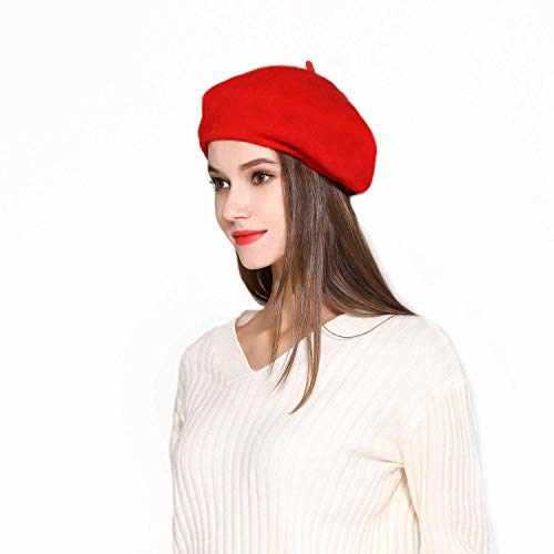 Wool Beret Hat Solid Color French Beret with Skily Scarf and Brooch (red) - Thumbnail 4