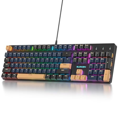 Image of surmen Full Size Creamy Keyboard with Number Pad, 104 Keys RGB Wired Mechanical Gaming Keyboard Backlit with PBT Keycaps Linear Red Switch for Laptop Desktop PC Gamers(104 Blue Samurai)