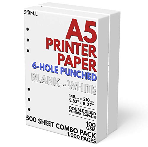 A5 Blank Paper 6-Hole Punched, 500 Sheets (1,000 Pages), 100 GSM, Printer Paper 148mm x 210mm (5.83 in. x 8.27 in.)