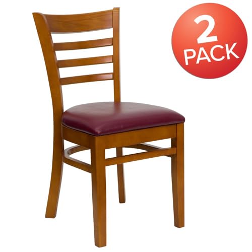 Image of Flash Furniture 2 Pack HERCULES Series Ladder Back Cherry Wood Restaurant Chair - Burgundy Vinyl Seat