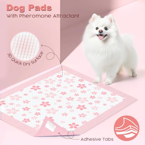 Image of MIZOK Puppy Pads Pink 22x22in, Stay-Put Training Mats with Pheromone Attractant, Decorative Cherry Blossom 6-Layer Absorbent Dog Pee Pads, Disposable (30 Count)