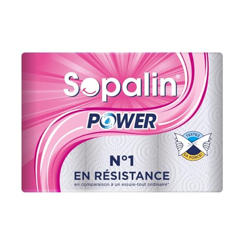 Sopalin Power - 3 Rouleaux d'Essuie-tout Multi-usages, 45 Feuilles par Rouleau, 2 épaisseurs, Ultra Résistant et Réutilisable, 100% Cellulose, Blanc