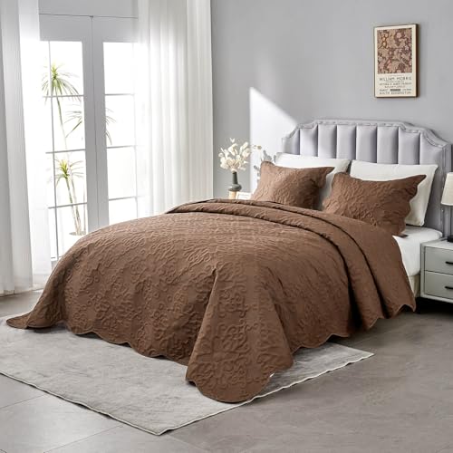 Image of Oversized California King Bedspreads 120x120 for Extra Tall Split Cal King Bed Lightweight Quilted Coverlet Set 3 Pieces 1 Quilt 2 Pillow Shams Coffee