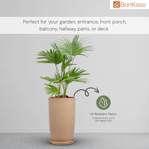 Image of BonKaso 14 inch Beige Flower Pot - Tall, Durable & Lightweight Polymer Tower Planter for Indoor & Outdoor Use: Home, Office, Garden & Balcony (Gamla /Gamale)