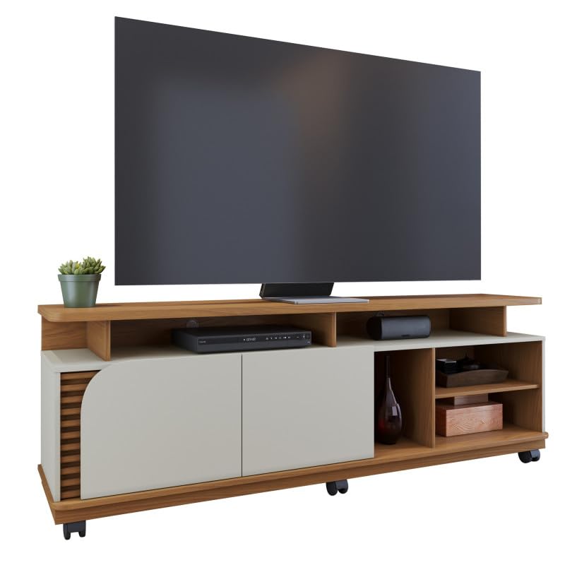 Meuble TV 75 Pouces Chêne et Blanc 2 Portes 9 Niches L 180 H 62 P 39.3 cm