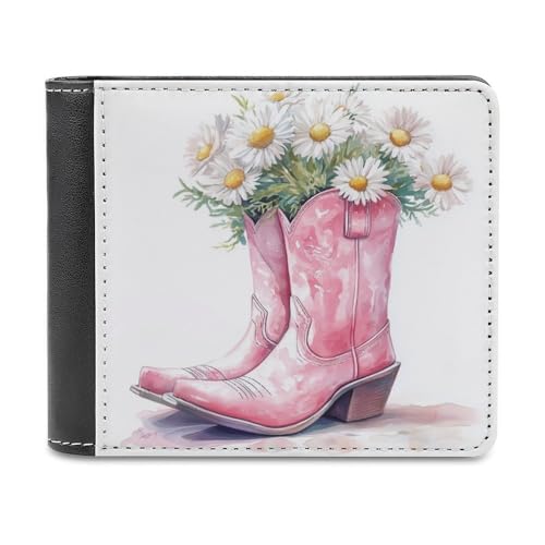 Watercolor Pink Cowgirl Boot Vase Daisies Soft PU Leather Bifold Wallet, Coin Purse Credit Pass Case, Durable Card-Holder Slim Billfold for Men Woman Money Storage