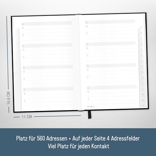 paper&you® Adressbuch A6+ mit Register A-Z und 120 g/m² Premium-Papier Black Edition Buch für Kontakte, Geburtstage & Passwörter - nachhaltig & klimafreundlich