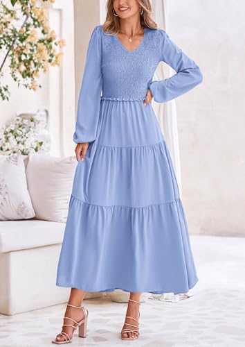 Image of PRETTYGARDEN Fall Dresses for Women 2025 Casual Long Sleeve V Neck Smocked A Line Long Flowy Wedding Guest Dress (Light Blue,X-Large)