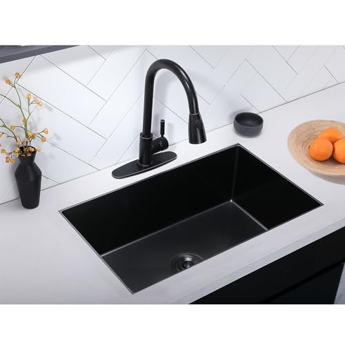 Image of 32 Inch Black Undermount Kitchen Sink Stainless Steel Deep Single Bowl, 32 inchx18 inch Gunmetal Black 16-Gauge Zero Radius Commercial Large Kitchen Sink with Drainer and Bottom Grid