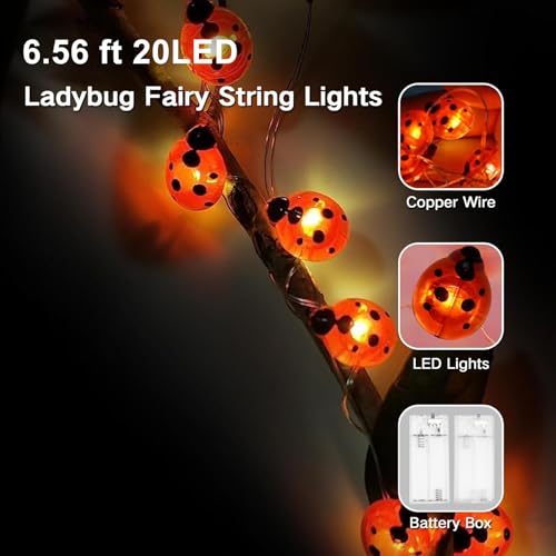 YeahBoom Marienkäfer Lichterkette,2M 20LED Käfer Leucht Batteriebetrieben,Marienkäfer Lichterkette Deko für Innen und Außen,Frühling Deko für Garten Blume Balkon Terrasse Party Weihnachten