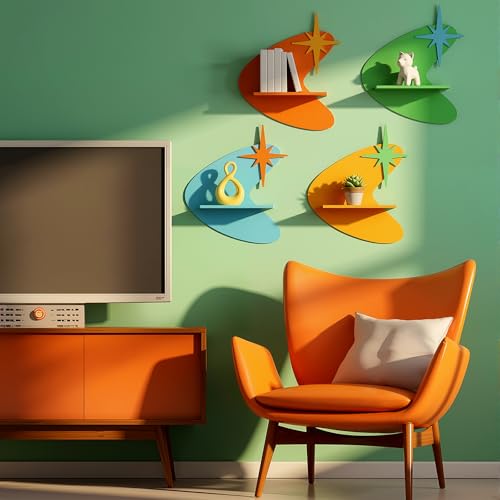Image of Threehoney Mid-Century Modern Wall Set of 4 Colorful Floating Display Shelves Retro Style Starburst Wall Mounted Shelves Storage for Bedroom, Living Room Decor(Star-Shaped Burst)