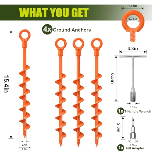 Image of Eurmax USA 4-Pack Screw in Ground Anchors,Detachable Spiral Tent Stakes,Heavy Duty Rust Proof Metal Trampoline Anchors with Drill Bit Adapter&T-Handle Tool for Canopy,Tent,Trampoline,Swing Set(Orange)