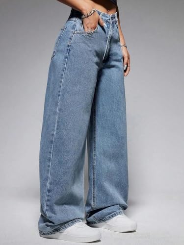 Image of KOTTY Women's Wide Leg Denim Jeans | Relaxed Fit High Rise Fashion Jeans for Casual Wear