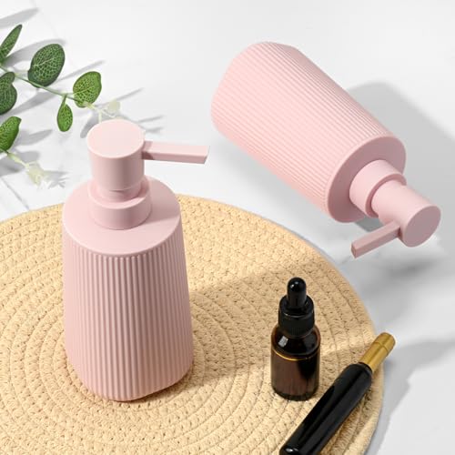 Image of Pink 2 Pack Hand Soap Dispensers Set with No Rust Pump for Bathroom Kitchen or Vanity Countertops Refillable Striped Matte Plastic 8.5 oz Cute Design for Girls Room Decor