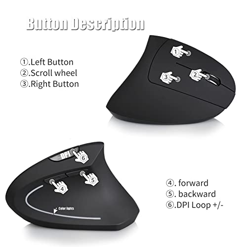 Velnut Wireless Mouse, 2.4G Wireless Vertical Mouse Ergonomic Mouse With 3 Adjustable Dpi 800/1200/1600,6 Buttons,Compatible With Pc,Desktop #TOP3