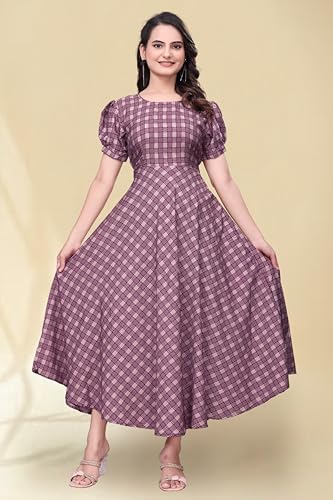 Image of Women's A-Line Crepe Maxi Dress | Stylish Fit and Flare Dress with Round Neck Short Puff Sleeves for Casual Wear