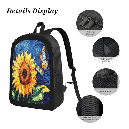3PCS Backpack for Women Men With Lunch Box Pencil Bag 17 Inch Lightweight Adjustable Strap Back Pack 3 In 1 Set Flower Painting Sunflower Casual Daypack Unisex Fit Travel Work Camping4