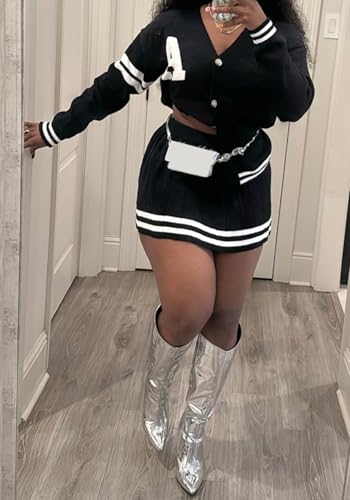 Womens Fall Sweaters Sets 2 Piece Outfits Knit Long Sleeve Button down Cardigan Sweaters Pleated Mini Skirt Set3