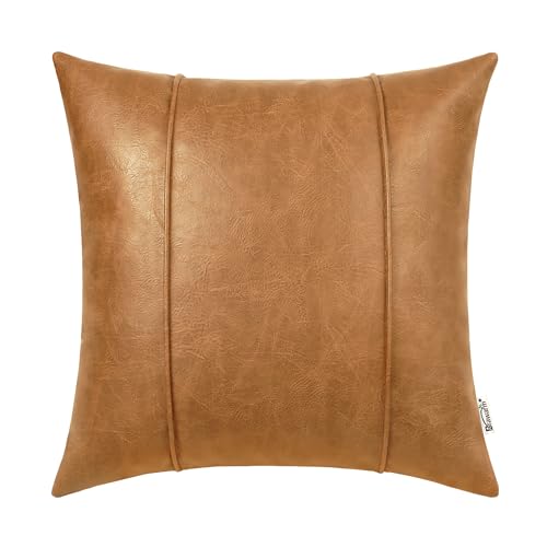 Image of BRAWARM Tan Leather Throw Pillow Covers 20 X 20 Inches - Faux Leather Pillow Cover with Piping, Hand Stitched Leather Throw Pillow for Couch Sofa Bed Living Room Home Decorative