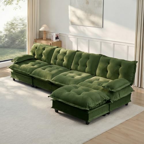 Image of 138 inch L-Shaped Sectional Couches for Living Room, Green 4 Seater Modern Chenille Deep Seat Sofa Set, Salas para Casa, High Back Cloud Couch Modular Sectional Sets with Ottoman