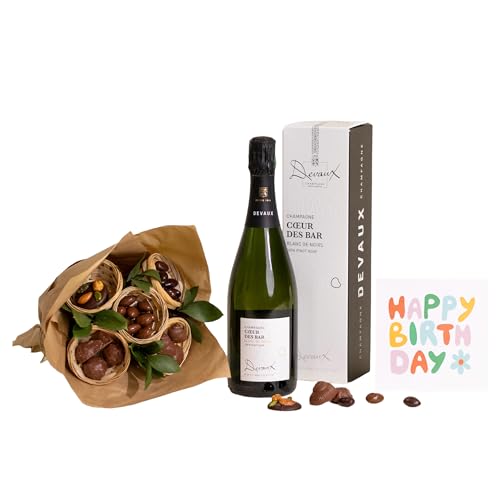 Fleurs et Délices - Coffret Passionné - Bouteille Champagne Devaux - Bouquet Chocolats et Carte Message - Idée Cadeau Femme - Cadeau Anniversaire - Cadeau Homme - Cadeau Couple