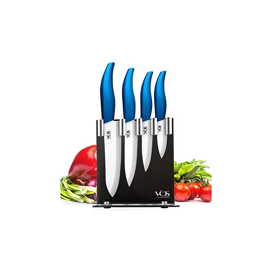 Vos Ceramic Knife Set With Block, Ceramic Knives Set For Kitchen, Ceramic Kitchen Knives With Holder, Ceramic Paring Knife 3", 4", 5", 6" Inch Blue