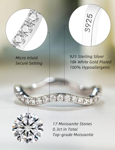 IMOLOVE Moissanite Wedding Bands for Women, Simple Trendy 0.3 Carat Silver Eternity Wedding Band Fashion Moissanite Stackable Rings for Women with 18K White Gold Plated Size 5-112