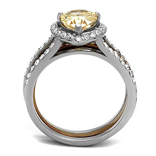 Marimor Jewelry 2.08 Carat Pear Cut Champagne Zirconia Two Toned Stainless Steel Wedding Ring Set3