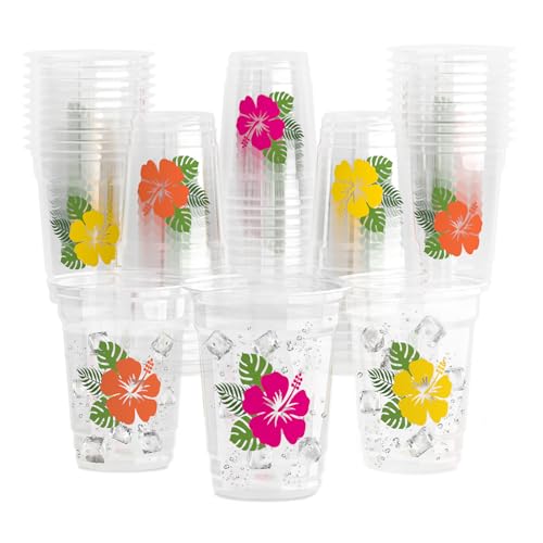 YQUQWN 51 PCS Hawaii Laua Cups 12 oz Disposable Thickened Hibiscus Tropical Plastic Cups for Hawaii Luau Pool Beach Party Supplies Summer Birthday Party Favors Drinkware Decorations