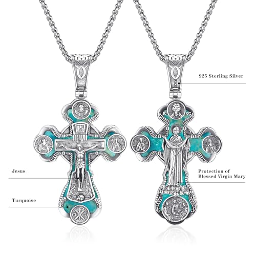 Orthodox Cross Necklace, Silver Crucifix Cross for Men Women Turquoise Jesus & Virgin Mary Cross Pendant Necklaces Christian Religious Jewelry Gift4