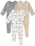 FILLEEP Baby Pajamas Set 100% Breathable Cotton Baby Sleepers for Infant 3-6 Months Boys Girls Clothes, 3-Pack Footie Pajamas with Mitten Cuffs,Two Way Zipper Long Sleeve Seamless, Brown Giraffe