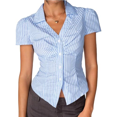 Womens Y2k Button Down Shirt Lapel V Neck Short Sleeve Blouse Striped Slim Fit Ruched Tops Split Front Tees Streetwear3