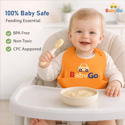 Image of BabyGo Silicone Baby Bib for Feeding & Weaning | Adjustable Neckline with Buttons | BPA Free | Waterproof | Washable & Reusable | 6-36 Months | Mess Proof Baby Feeding Bib | New Orange | Pack of 1