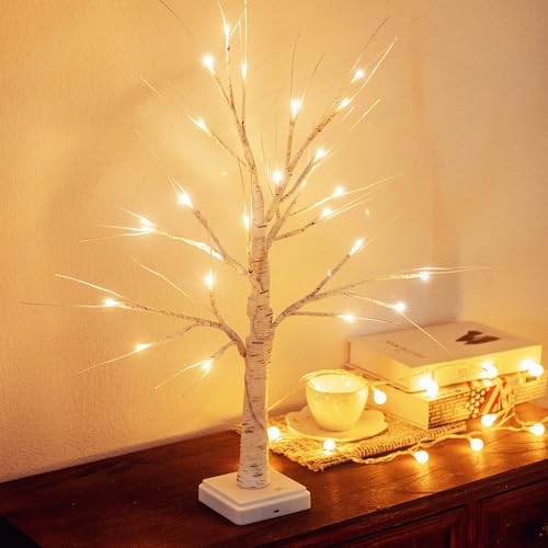 Woohaha Lighted Mini Birch Tabletop Christmas Decorations Tree, Warm White