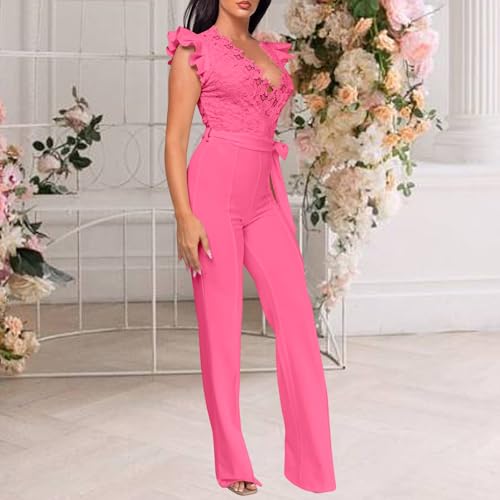 Image of PaladMom Womens Elegant Plus Size Jumpsuits Sexy Back zipper Short Sleeve Mid Waist Wide Leg Straight Rompers