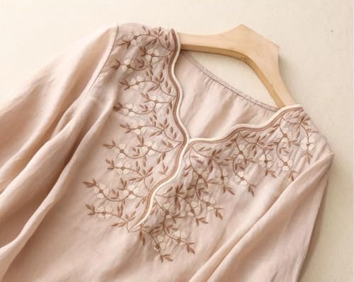 Image of RIEKA Womens Elegant Beige Floral Embroidered Tunic Top with Scalloped V Neck, Elbow Length Sleeves, Relaxed Fit, Lightweight, Casual Ethnic Style Top