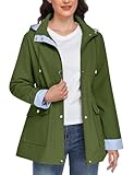 CMTOP Chubasquero Mujer Impermeable Chaqueta Largo Ligera Abrigo Transpirable Cortaviento con Capucha Parkas Casual Cremallera Raincoat Primavera Otoño para Exteriores(Verde Militar, M)