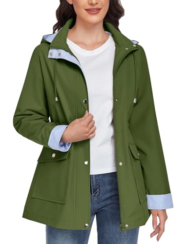 CMTOP Chubasquero Mujer Impermeable Chaqueta Largo Ligera Abrigo Transpirable Cortaviento con Capucha Parkas Casual Cremallera Raincoat Primavera Otoño para Exteriores(Verde Militar, L)