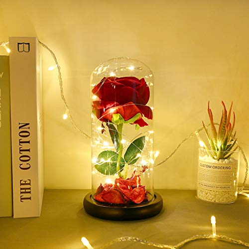 XIANGMENG Lâmpada decorativa de cúpula de vidro rosa artificial com fita de LED, luz noturna de LED