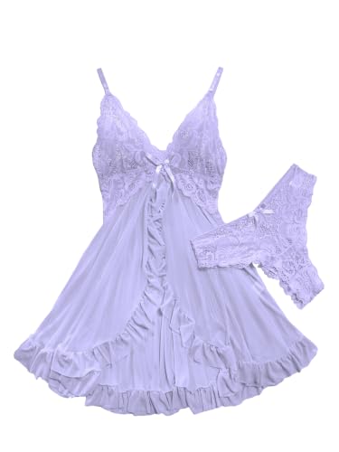 Image of Foxiny Sexy Ruffle Sheer Mesh Lace Wireless Babydoll Lingerie Dress with Thong 2 Piece