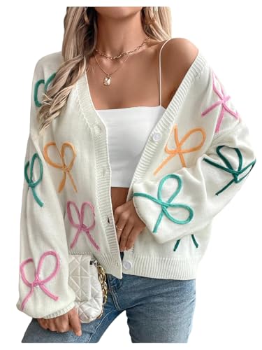 GORGLITTER Women's Bow Button Up Cardigan Sweater Colorful Embroidered Long Sleeve Oversized Cute Cardigans