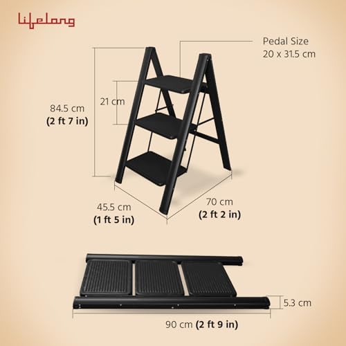 Image of Lifelong 3 Steps Steel Ladder for Home, Foldable & Portable Stairs, Versatile Use for Kitchen, Bathroom & Office Foot Stool - Multipurpose Three Step Stool with 150 Kg Capacity (LLSLS03, Black)