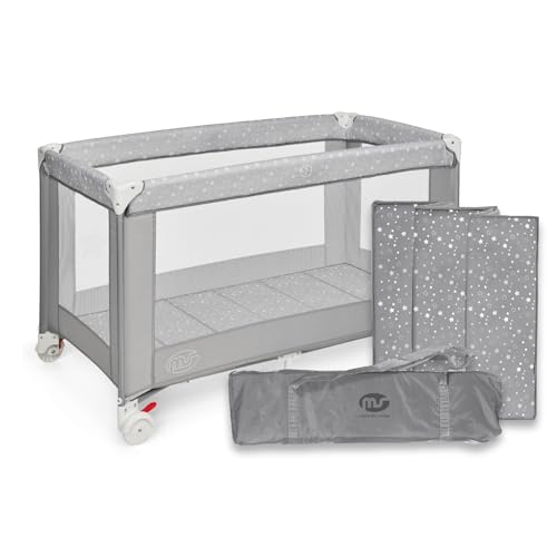 ms Baby World - Lettino da viaggio 120 x 60 cm, per bebè, incluso materasso e borsa per il trasporto, da 0 + mesi fino a 15 kg, facile da piegare e da montare, leggero e stabile