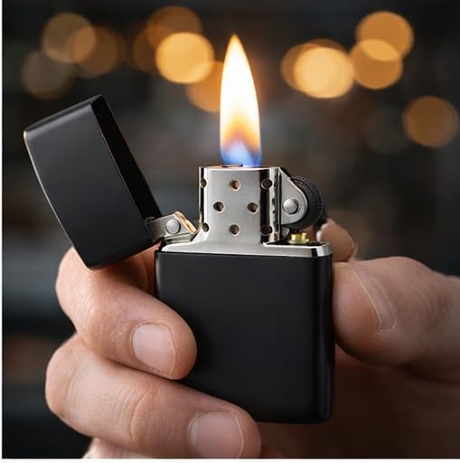 Image of Classic Matte Black Metal Lighter, Refillable, Windproof Flip-Top Design