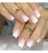 24Pcs Press on Nails Medium Square Fake Nails with Design Pink White Rhinestone Gradient False Na...