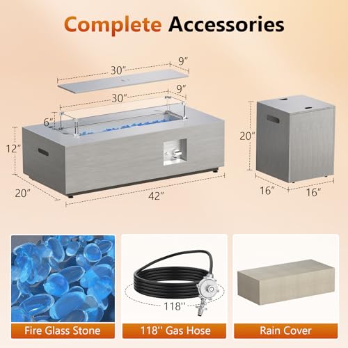 2-Piece 42" Rectangular Propane Fire Pit for Outside Patio with Hidden Tank Table, 50,000 BTU Fireplaces with Glass Wind Guard, Lid, Glass Rocks, Cover(Light Grey)