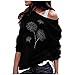 Yowablo Chemises décontractées pour Femmes Top Off-The-Shoulder Diamond-Clousted Floral Imprimé Top T-Shirt en Coton Doux à Manches Longues Hauts Manches Longues en Maille pour Femmes Sexy