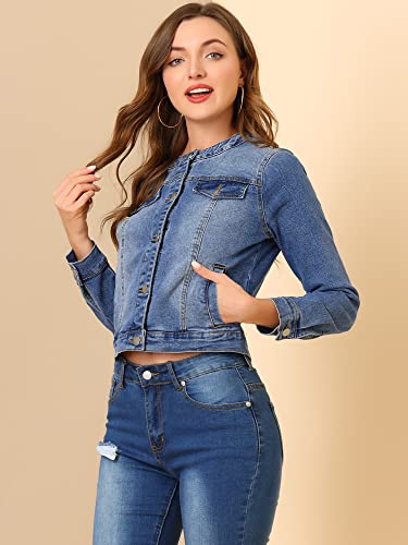 Allegra K Women's Denim Jacket Button Down Collarless Long Sleeve Jean Jackets Large Blue #TOP3